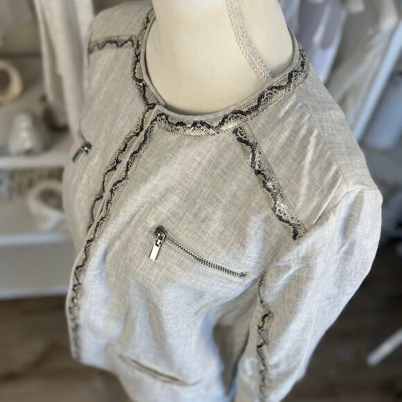 Chico's Women's Size 2 Medium Gray Linen Zip Up Jacket w/ Snake Print Trim #3422 - Picture 6 of 9